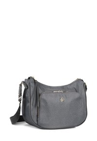Borsa a tracolla grigia con superficie texture, tasca frontale con zip, accessori in tonalità oro e tracolla rimovibile.
