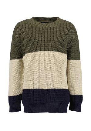 Gruby sweter z dzianiny z poziomymi blokami kolorów w oliwkowej zieleni, kremowym i granatowym oraz okrągłym dekoltem.