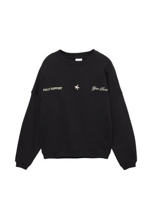 Sweatshirt noir avec "FULLY SUPPORT" et "Your Friends" brodés en crème, doté d'un col ras du cou et d'une coupe ample.