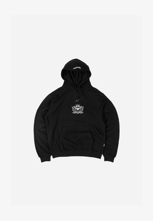 Hanorac negru din amestec de bumbac, dotat cu o buză de tip kangaroo pe partea din față, glugă cu șnur și un design grafic alb pe piept.