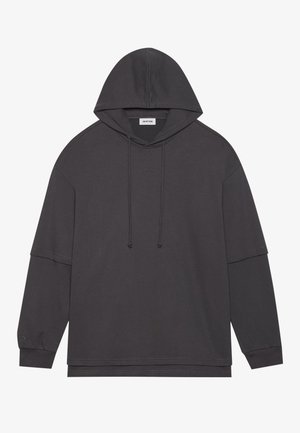 Charcoal gray hooded sweatshirt with long sleeves, drawstrings at the neck, and a relaxed fit. Smooth, soft fabric with no visible patterns.