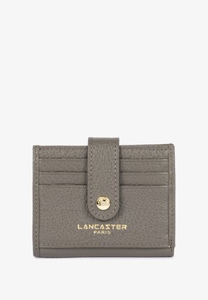 Gray textured leather wallet with a snap closure, featuring multiple card slots and gold embossed brand logo on the front.