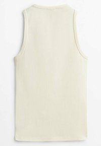 Ärmelloses, cremefarbenes Top aus einem glatten Stoff. Hat einen runden Ausschnitt und ein einfaches Design ohne Muster oder Verzierungen.