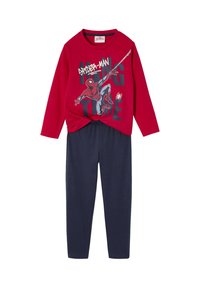 Red long-sleeve top with Spiderman graphic and text, paired with navy blue leggings. Cotton blend material, soft texture, casual design.