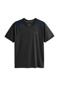 Sort aktiv t-shirt med korte ærmer, der har mørkeblå skulderdetaljer, en rund halsudskæring og en glat, let stofstruktur.