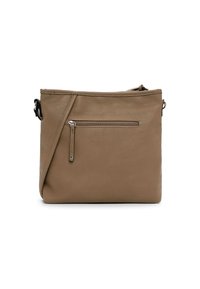 Pruun nahast ristihoidev käekott ees oleva tõmblukuga tasku, reguleeritava rihma ja ühel küljel perforatsioonidega detailiga.