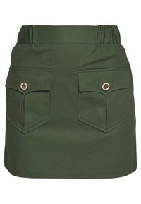 Gonna corta verde con vita elastica e due tasche anteriori a fascetta, decorate con bottoni dorati.