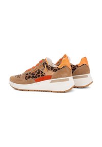 Leopard print sneakers with tan suede, orange accents, and rubber soles. Features laces and zippers for ease of wear.