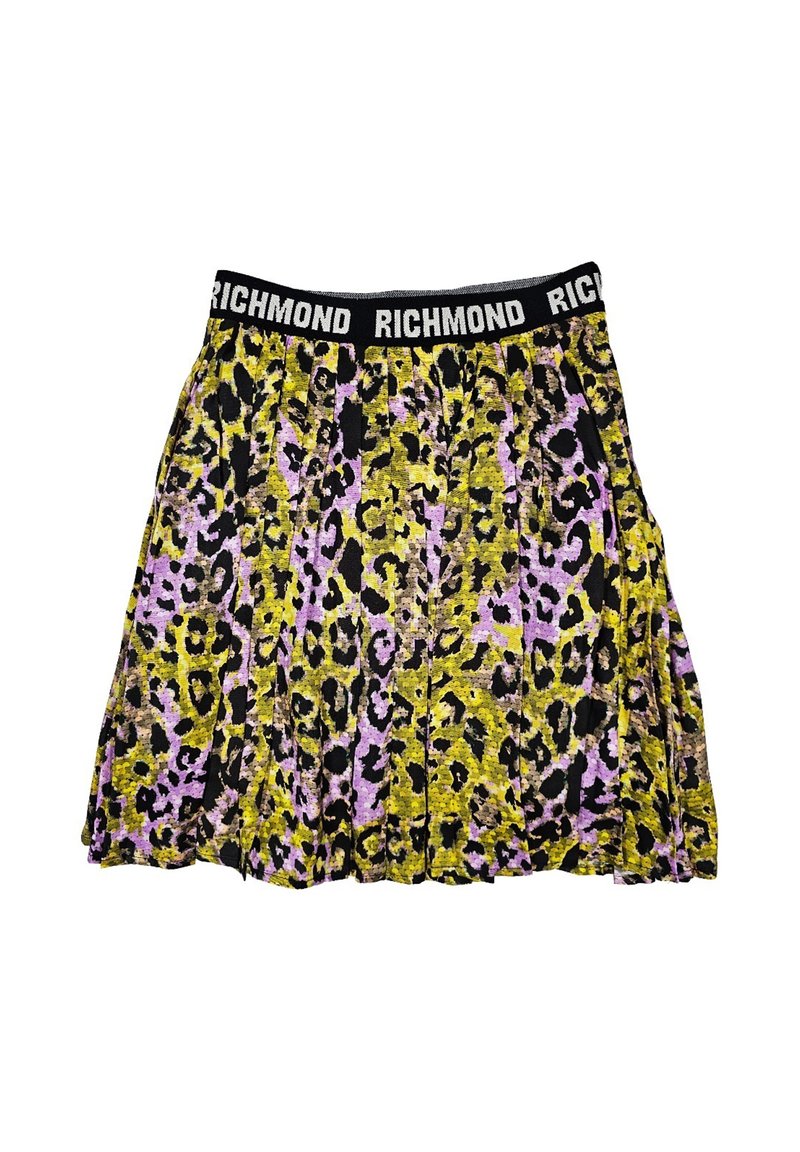 Gonna plissettata con una vita nera su cui è stampato "RICHMOND" in bianco. Il tessuto presenta un vivace motivo leopardato nei colori giallo, lavanda e nero.