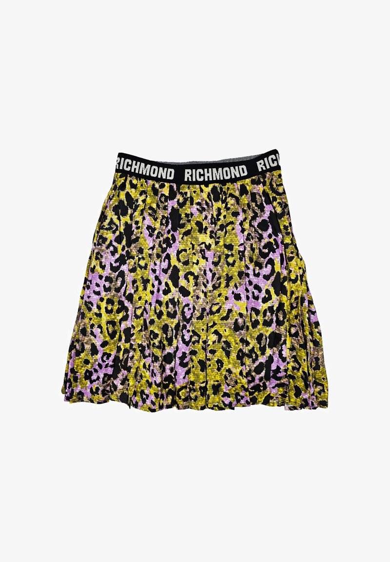 Gonna plissettata con una vita nera su cui è stampato "RICHMOND" in bianco. Il tessuto presenta un vivace motivo leopardato nei colori giallo, lavanda e nero.