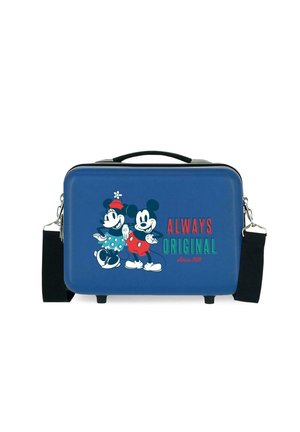 Bolsa rígida azul con correa negra, con los personajes de dibujos animados Mickey y Minnie Mouse y el texto "Siempre original desde 1928."