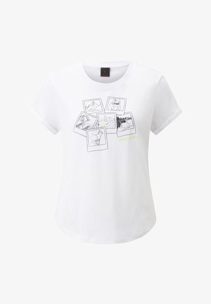 White cotton T-shirt featuring a graphic of overlapping black-and-white photo frames, showcasing various illustrations and green text.