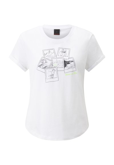 White cotton T-shirt featuring a graphic of overlapping black-and-white photo frames, showcasing various illustrations and green text.