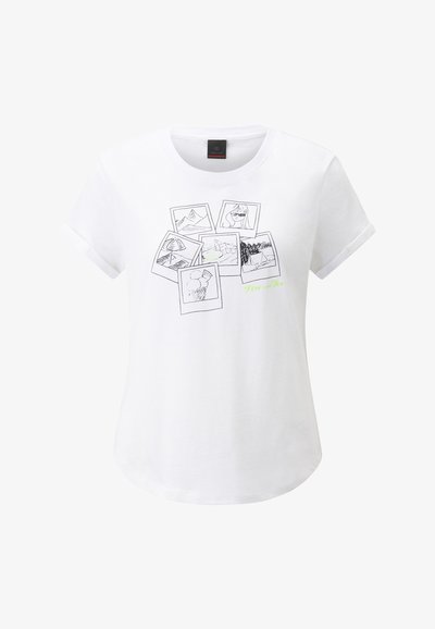 White cotton T-shirt featuring a graphic of overlapping black-and-white photo frames, showcasing various illustrations and green text.