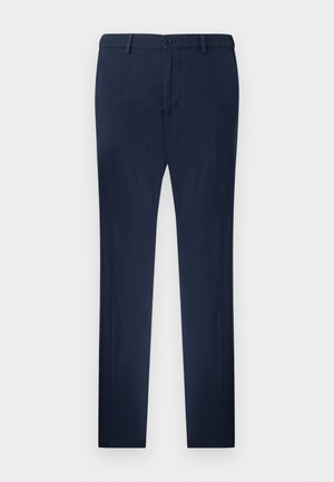 Pantalones ajustados para hombre en azul oscuro con botón frontal, cierre de cremallera, trabillas para cinturón y corte recto, sobre un fondo claro.