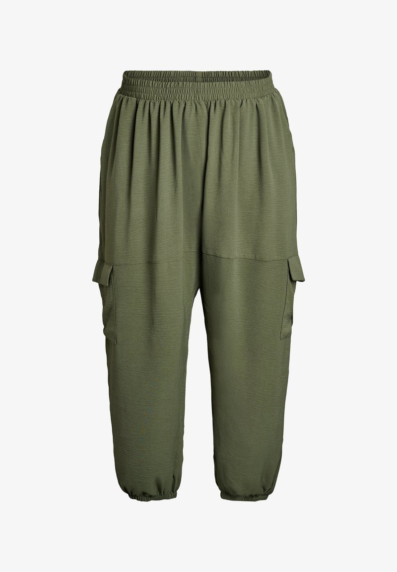 Olivově zelené, lehké joggingové kalhoty se staženým elastickým pasem, zúženými manžetami a dvěma bočními cargo kapsami. Hladká textura, volný střih.