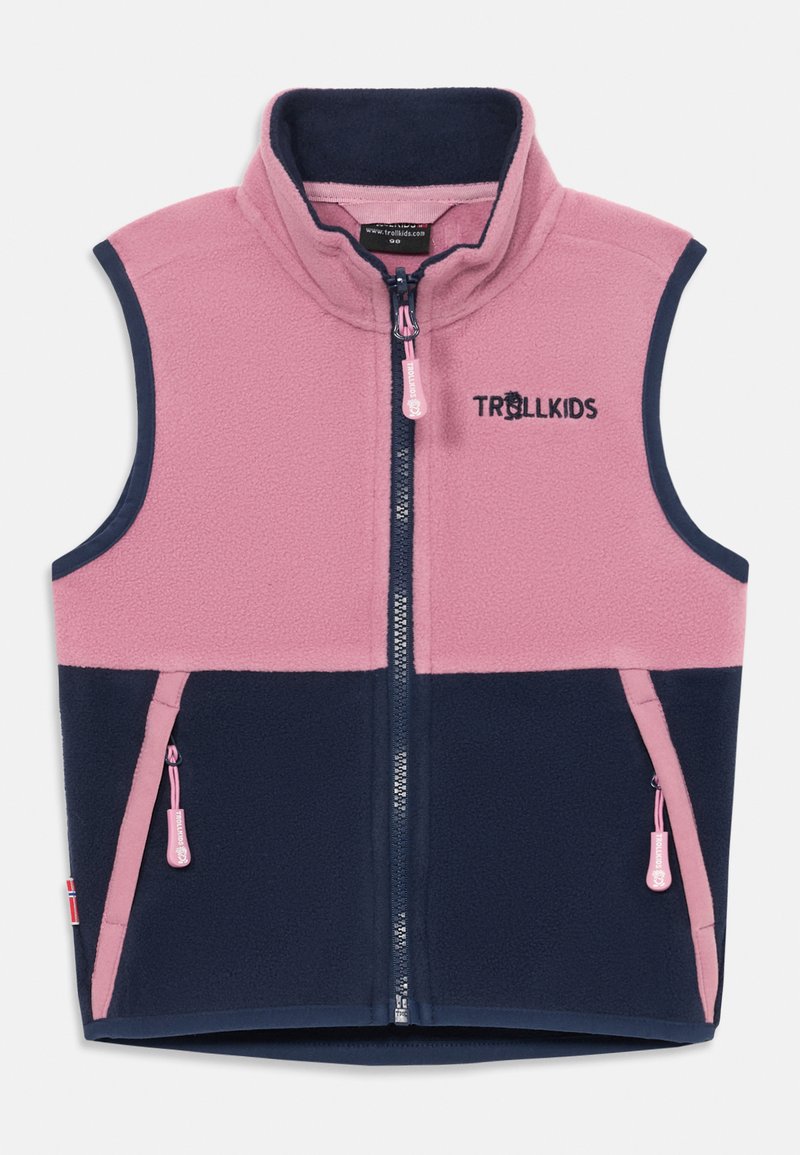 Fleece brezrokavnik z roza zgornjim delom in temno moderim spodnjim delom, visokim ovratnikom, žepi na zadrgo ter logotipom "TROLLKIDS" na prsih.