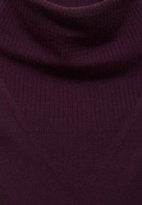 Suéter burdeos de cuello alto con textura acanalada y un diseño en forma de V en la parte delantera. Material de punto suave. Estilo clásico ajustado.