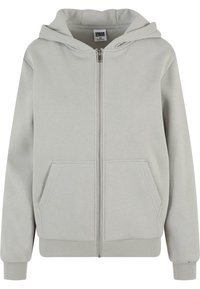 Sweat à capuche zippé gris clair avec poches avant, poignets et bas côtelés, et capuche attachée, taille extra small.