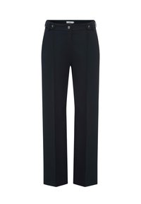 Zwarte, wijd uitlopende broek van gestructureerde stof. Heeft twee voorzakken met decoratieve knopen en een gladde tailleband.