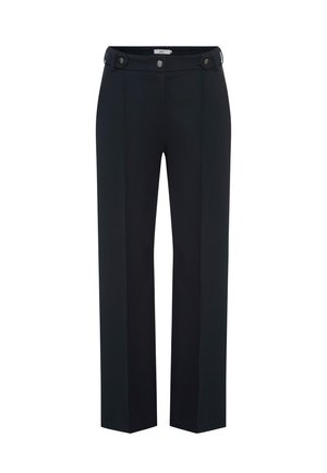 Pantaloni neri a gamba larga realizzati in tessuto strutturato. Presentano due tasche anteriori con bottoni decorativi e una cintura liscia.