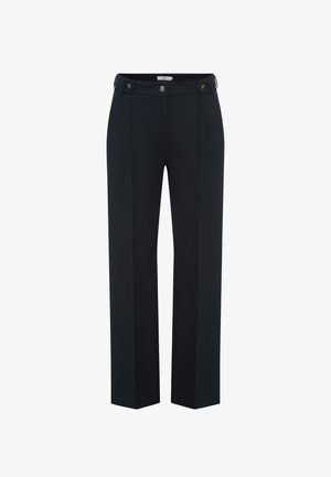 Zwarte, wijd uitlopende broek van gestructureerde stof. Heeft twee voorzakken met decoratieve knopen en een gladde tailleband.