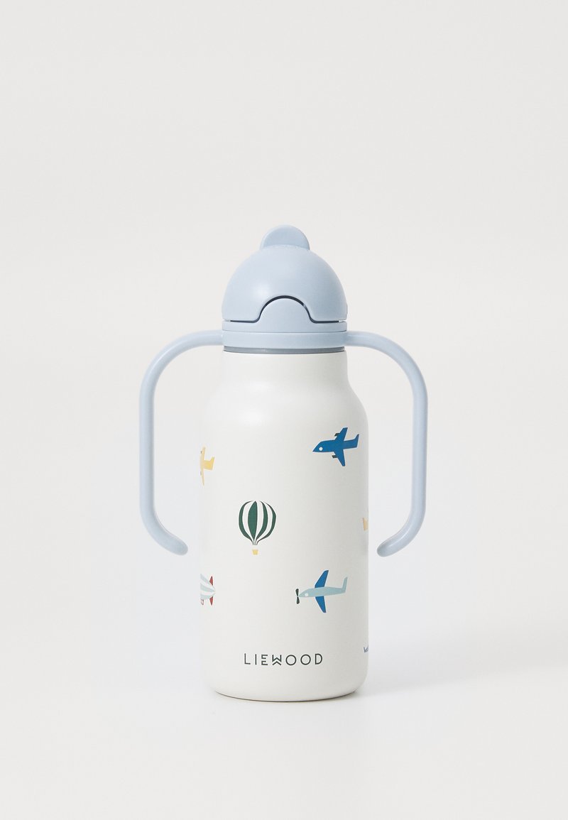 Fehér rozsdamentes acél vízpalack kék fedéllel és fogantyúkkal, színes illusztrációkkal repülőgépekről és léghajókról.