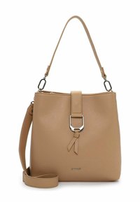 Bolso de cuero beige con correa de hombro desmontable, asa superior, detalle de hebilla plateada y logo "SURI FREY" en el frente.