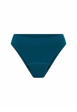 Dunkeltürkisfarbene Damen-Bikinihöschen mit hohem Schnitt, breitem Bund, nahtlosem Design und glatter Stoffstruktur.