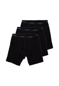 Tre paia di boxer in cotone nero con elastico in vita, caratterizzati dal marchio SLOGGI e una texture liscia. Ogni paio ha un'apertura frontale.