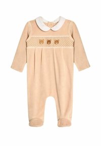 Combinaison bébé beige à manches longues en matériau doux, dotée d'un col blanc et de trois appliqués d'ours sur la poitrine.