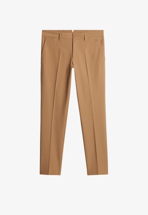 Khakihosen aus leichtem Stoff, mit glatter Textur, vorderen Taschen, Knopfverschluss und tailliertem, geradem Schnitt.