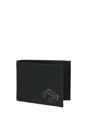 Black bifold wallet with a small minimalist crab design in orange and white on the lower right corner.