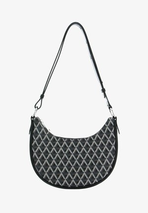 Sac à main noir et gris avec un motif géométrique en triangles, de forme incurvée et avec une bandoulière réglable. Il dispose d'une fermeture éclair et d'une finition texturée.