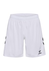 Witte sportshorts van lichtgewicht stof met een elastische tailleband, voorzien van zwarte zijkanten en een logo op de rechteronderzijde.