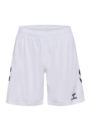 White athletic shorts made of lightweight fabric with an elastic waistband, featuring black side stripes and a logo on the lower right side.