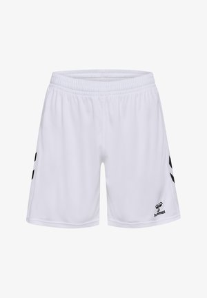 Weiße Sportschorts aus leichtem Material mit einem elastischen Bund, ausgestattet mit schwarzen Seitenstreifen und einem Logo auf der unteren rechten Seite.