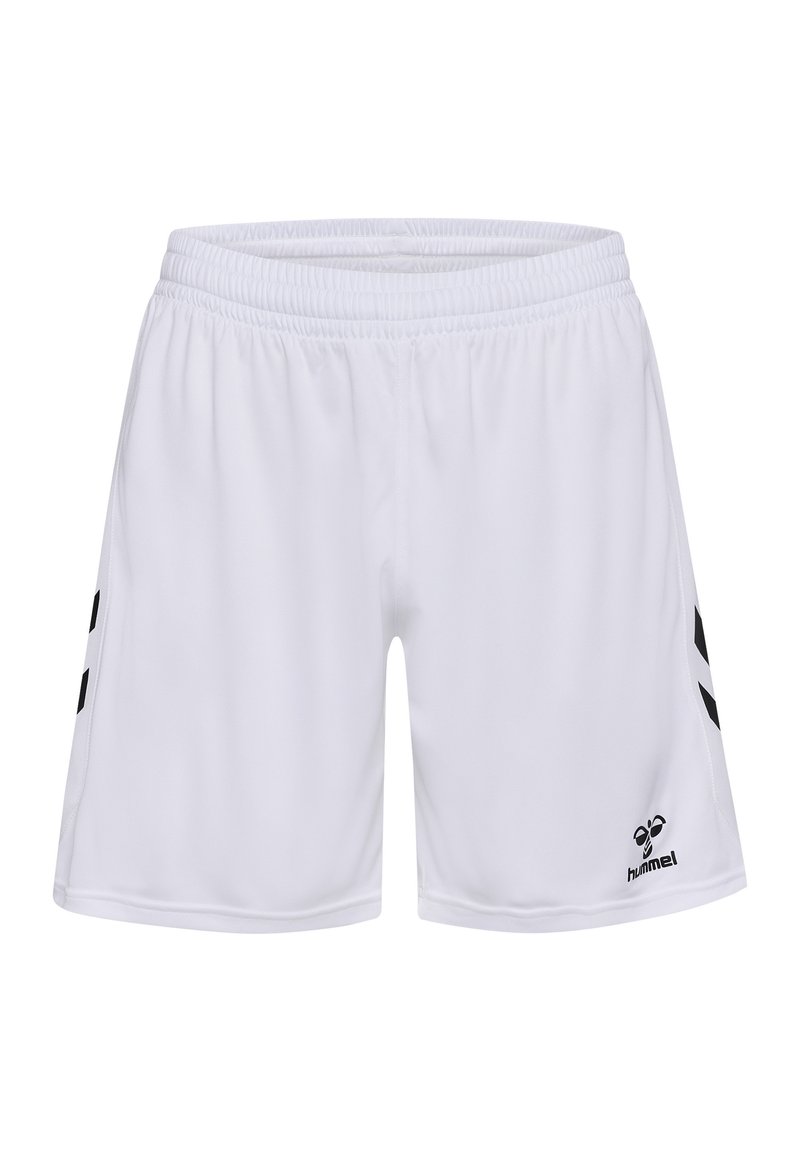 Witte sportshorts van lichtgewicht stof met een elastische tailleband, voorzien van zwarte zijkanten en een logo op de rechteronderzijde.