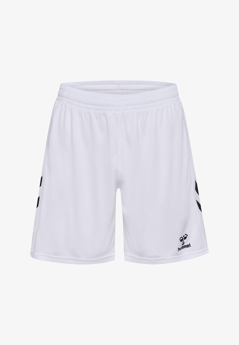 Witte sportshorts van lichtgewicht stof met een elastische tailleband, voorzien van zwarte zijkanten en een logo op de rechteronderzijde.