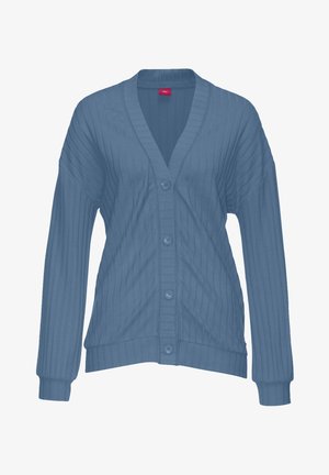 Blue ribbed cardigan with a V-neckline and five buttons. Features long sleeves and a relaxed fit. Soft texture with a subtle sheen.