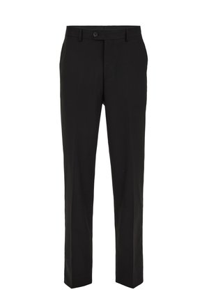 Schwarze Hose aus glattem Stoff, mit geradem Bein-Design, vorderem Knopfverschluss und Gürtelschlaufen. Minimalistischer Stil ohne Muster.