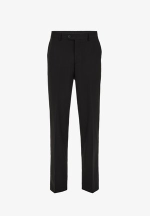 Zwarte trousers van gladde stof, met een recht model, knoopsluiting aan de voorkant en riemlussen. Minimalistische stijl zonder patronen.