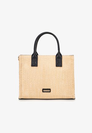 Borsa in paglia con manici e dettagli in pelle nera, caratterizzata da una superficie texture e una forma rettangolare. Chiusura con zip e dettaglio del logo del marchio.