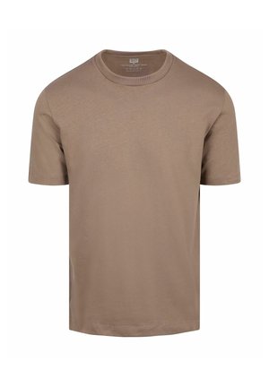 Brown short-sleeve cotton t-shirt with round neck and regular fit, displayed on a white background.