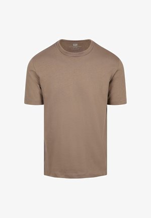 Bruine katoenen T-shirt met korte mouwen, ronde hals en normale pasvorm, weergegeven op een witte achtergrond.