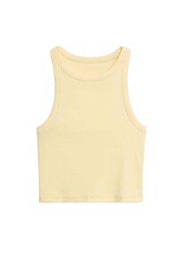 Top sin mangas de color amarillo claro, con un escote redondeado y tirantes anchos. Textura suave, diseño ajustado y sin herrajes o patrones visibles.