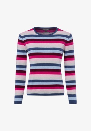 Gebreide trui met lange mouwen met horizontale strepen in roze, bordeaux, lichtblauw, marineblauw en grijs, met ronde hals.