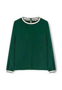 Maglioncino verde a maniche lunghe con scollatura rotonda, caratterizzato da rifiniture bianche e nere. Realizzato in tessuto morbido con maniche a sbuffo ai polsini.