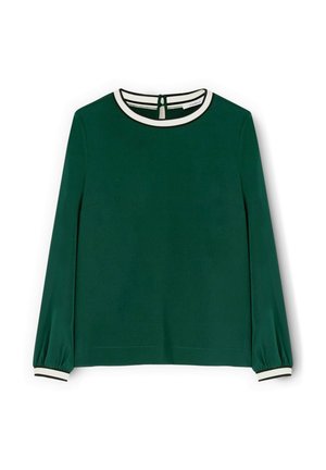 Top largo de manga larga verde con escote redondo, que presenta ribetes en blanco y negro. Fabricado en una tela suave con mangas acampanadas en los puños.