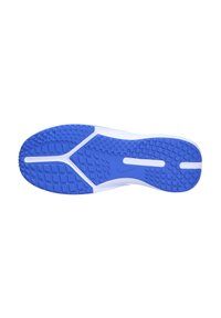 Potplat cipela s plavom teksturiranom površinom i uzorkom za grip, bijelim detaljima i istaknutim logotipom. Ravan i ergonomski dizajn.